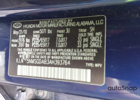 2010 Hyundai Santa Fe Gls z USA, uszkodzony, nr VIN 5NMSGDAB3AH393764